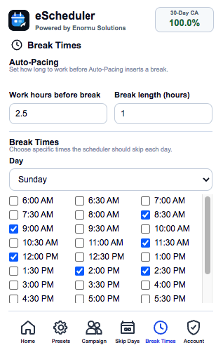 eScheduler Break Times tab showing Auto-Pacing work and break lengths and per-day skip times