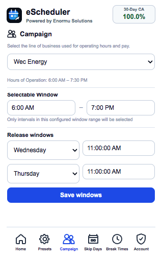 eScheduler Campaign tab showing campaign selection, operating hours, and release windows
