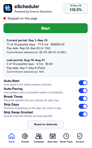 eScheduler Home tab showing scheduler status, pay-period estimates, Commitment Adherence, toggles, and navigation
