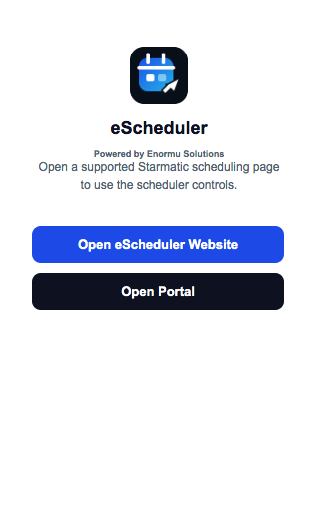 eScheduler popup outside supported Starmatic pages showing links to eScheduler and Arise websites