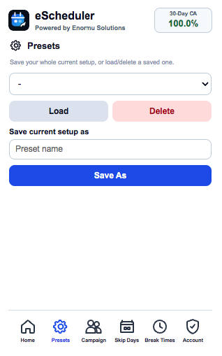 eScheduler Presets tab showing saved preset selection and save controls