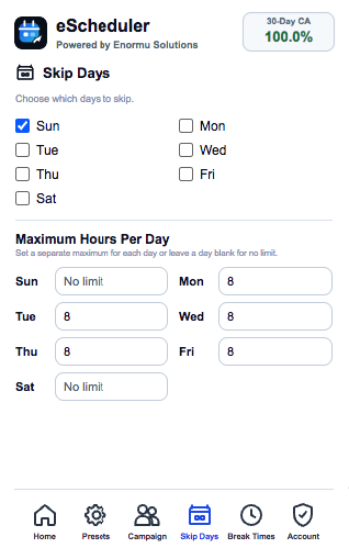 eScheduler Skip Days tab showing selectable days of the week