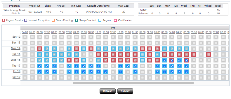WEC Energy Credit JAM-B schedule for the week of September 13, showing 40 hours selected